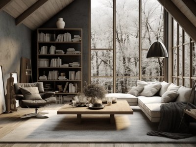 Space With A Couch, Fireplace, Bookshelf, And Large Windows