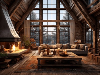 Spacious Living Room In A Cabin In Interior Design 3D