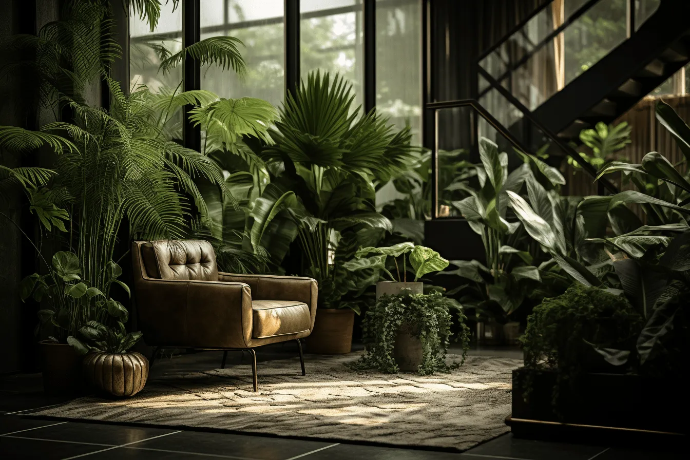 Small living room with lots of plants, dramatic atmospheric perspective, dark green and light amber, junglepunk, sustainable architecture, nature scenes, industrial elegance, high quality photo
