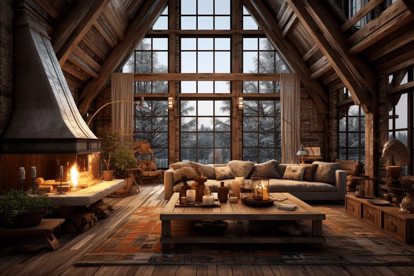 Living room with huge windows, a fireplace and a fireplace screen, atmospheric environments, cabincore, rustic textures, 32k uhd, dreamy atmosphere, harsh lighting, atmospheric horizons