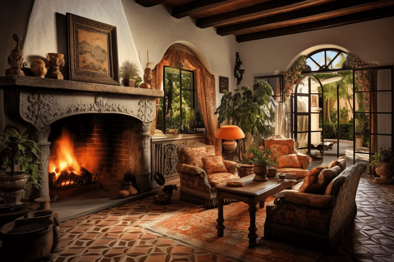 Spanish style home interior, vignetting, dark bronze and orange, pseudo-historical fiction, soft lighting, primitivist, precisionist style, atmospheric serenity