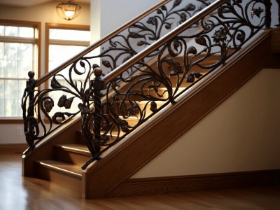 Staircase With Decorative Details With Wrought Iron Balustrade