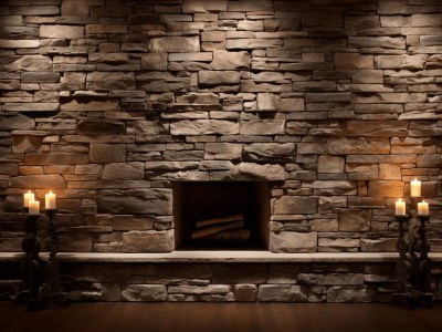 Stone Fireplace And Candles Lit In A Dark Room