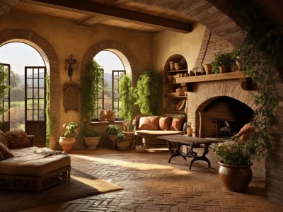 Stone Fireplace Area With A Couch Behind It And Some Potted Plants