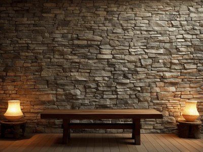 Stone Wall Wall Has Two Lamps On Both Sides Of A Wooden Bench