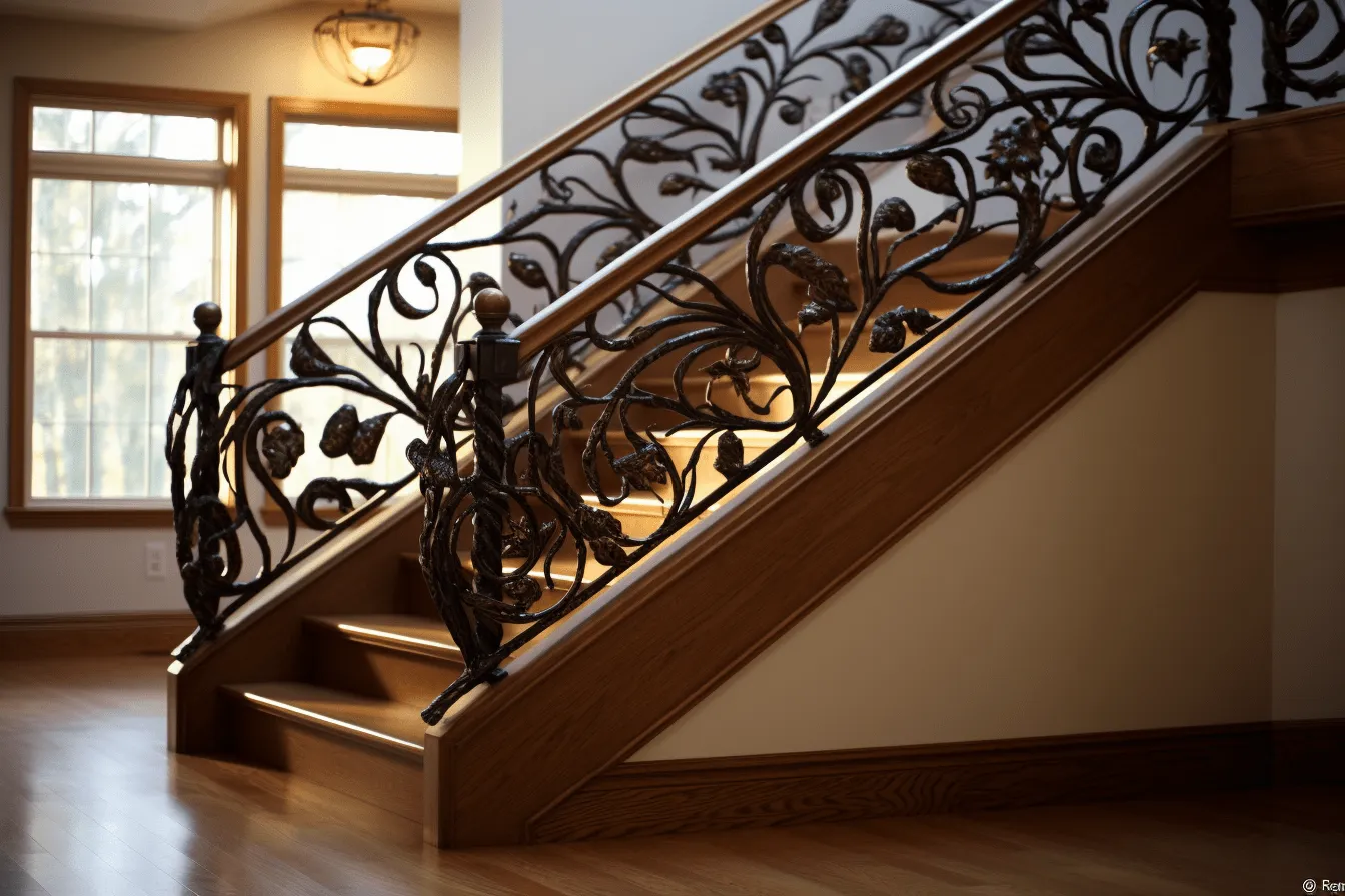 Staircase with decorative details with wrought iron balustrade, vray tracing, flower and nature motifs, dark brown and light amber, backlight, attention to detail, aluminum, wood