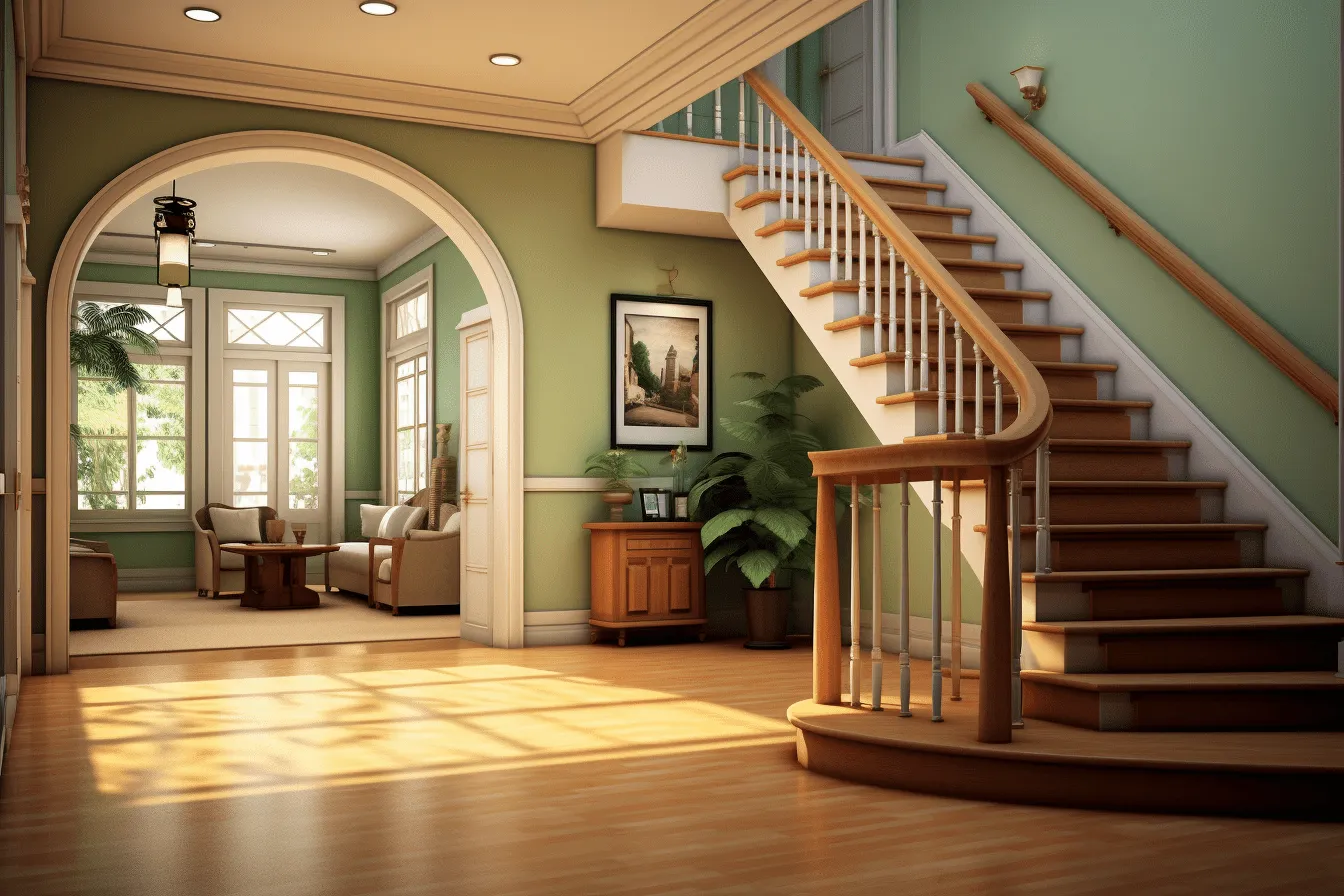 Floor and stairs are made of wood, vray tracing, green and amber, american scene painting, italianate flair, backlight, suburban ennui capturer, romanticized views