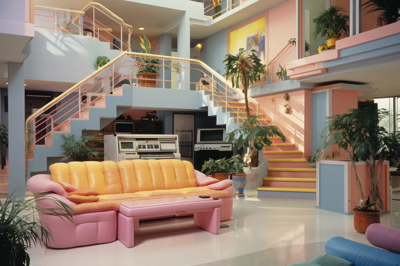 Stairwell and a stairway, outrun, 1990s, living materials, memphis design, neogeo, exotic atmosphere, suburban ennui capturer