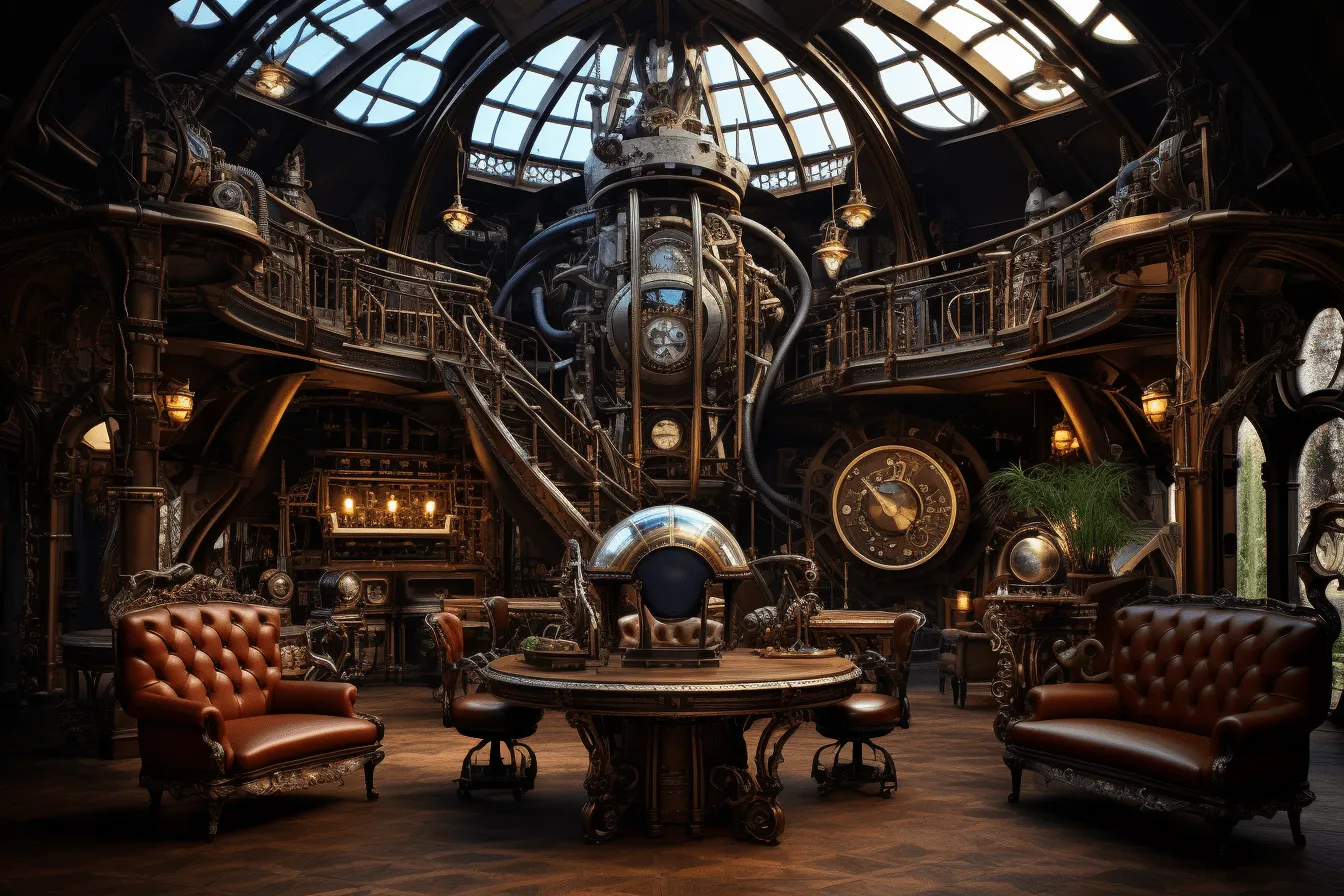 Steam punk living room by david, uhd image, transcendentalist themes, dark matter art, monumental architecture, dark brown and silver, goblin academia, fairytale-inspired