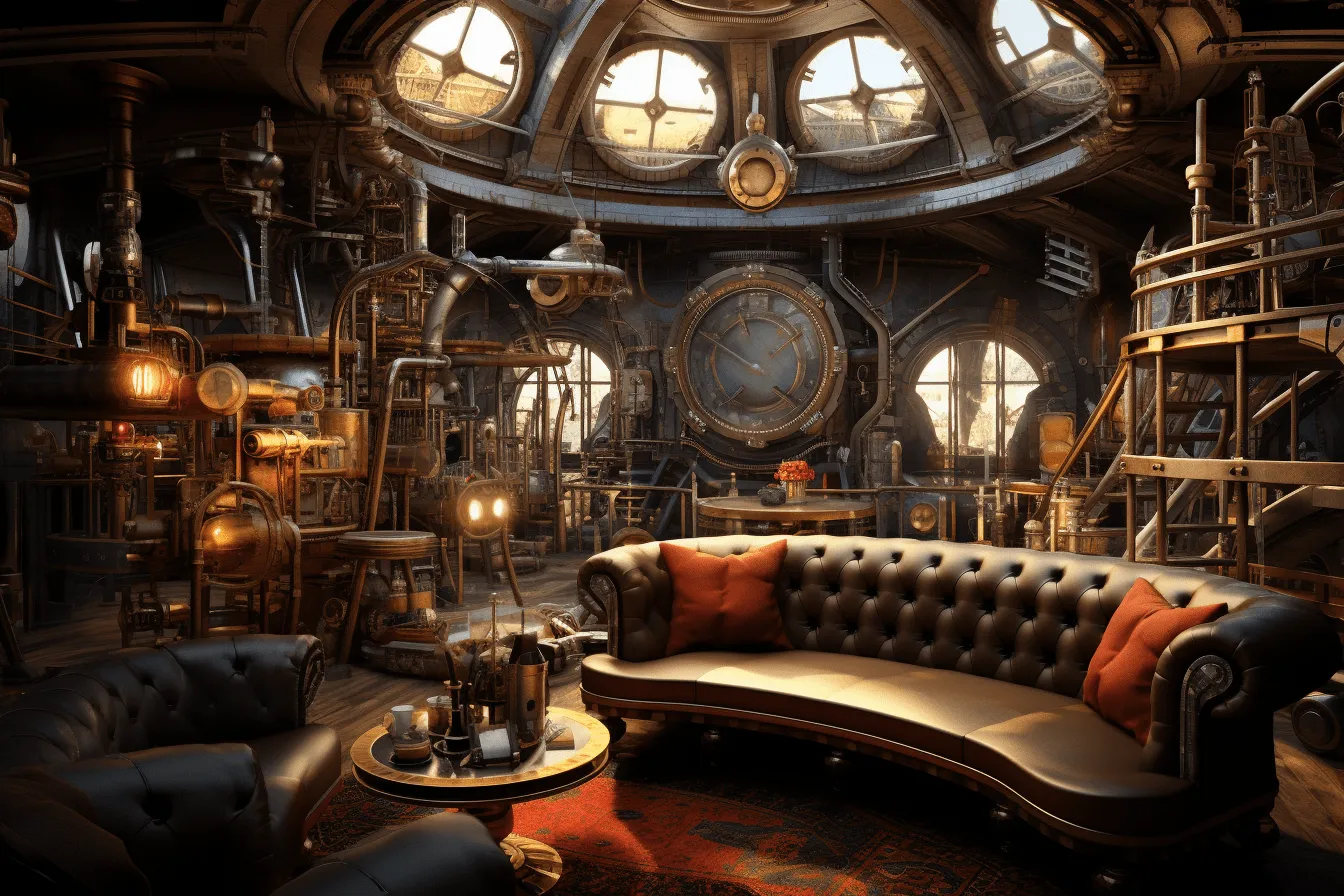 Big room with a large clock face, steampunk influences, zbrush, 32k uhd, , eye-catching, interior scenes, argus c3