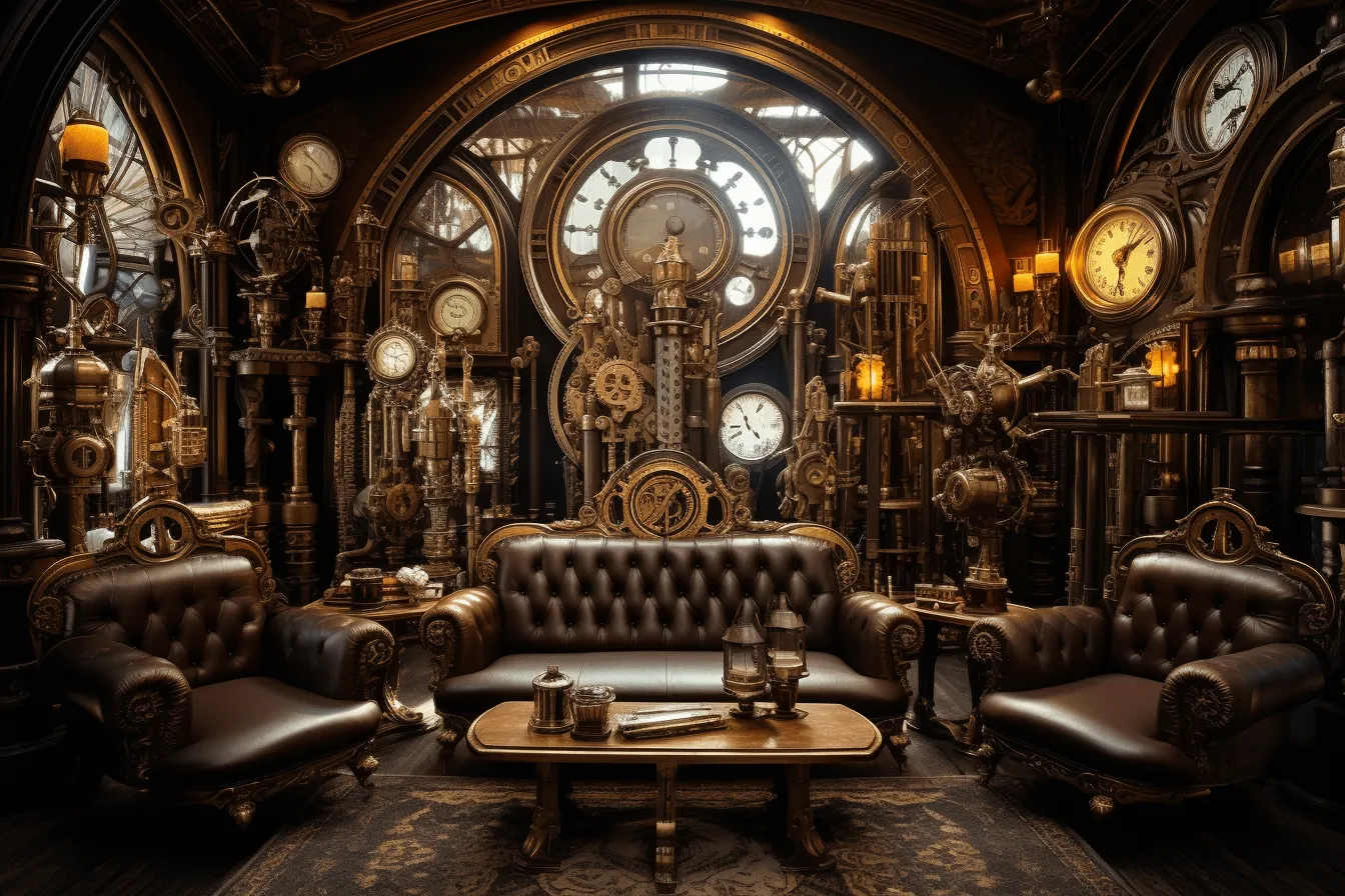 Large room with many clocks and couch, intricate steampunk, zbrush, meticulous design, rich and immersive, precision and detail-oriented, eye-catching, dark gold