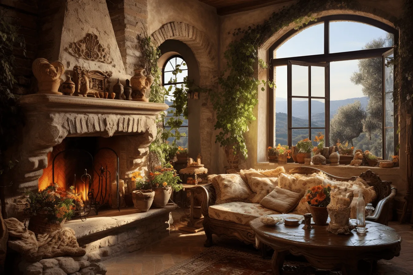 Mansion in a courtyard, romantic emotion, romantic themes, earth tones, primitive influences, solarizing master, use of vintage imagery, mountainous vistas