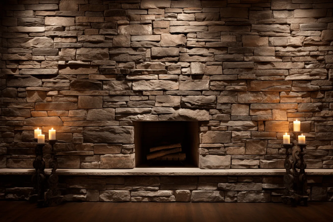 Stone fireplace displaying candles on a shelf, flat backgrounds, dark colors, solarizing master, dark brown and gray, masonry construction, dramatic lighting effects, clear edge definition