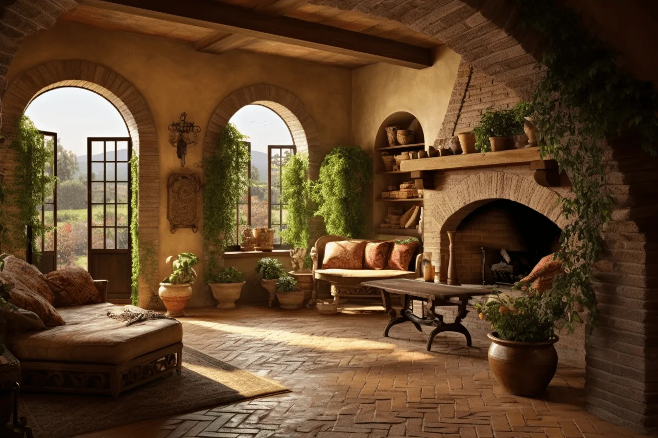 3d interior landscape, mediterranean-inspired, vignetting, terracotta, organic architecture, weathercore, highly staged scenes, golden light