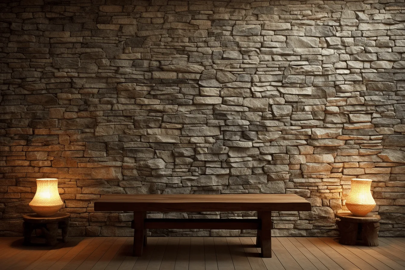 Natural wooden table in front of a stone wall and lamps near a stone wall, multilayered surfaces, heavy chiaroscuro, emphasis on linear perspective, matte photo, flickr, elongated, dark brown