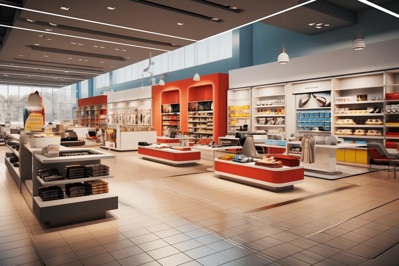 Store with shelves in it, hyper-realistic atmospheres, light beige and orange, high-key lighting, detailed crowd scenes, light sky-blue and dark crimson, dynamic color schemes, american consumer culture