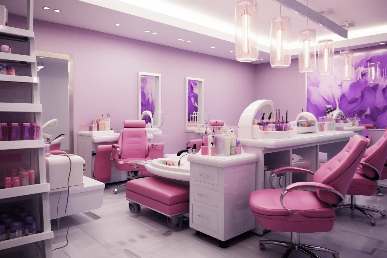 Women's beauty salon with pink furniture and chairs, realistic and hyper-detailed renderings, purple, quantumpunk, high definition, machine aesthetics, kimoicore, texture-rich