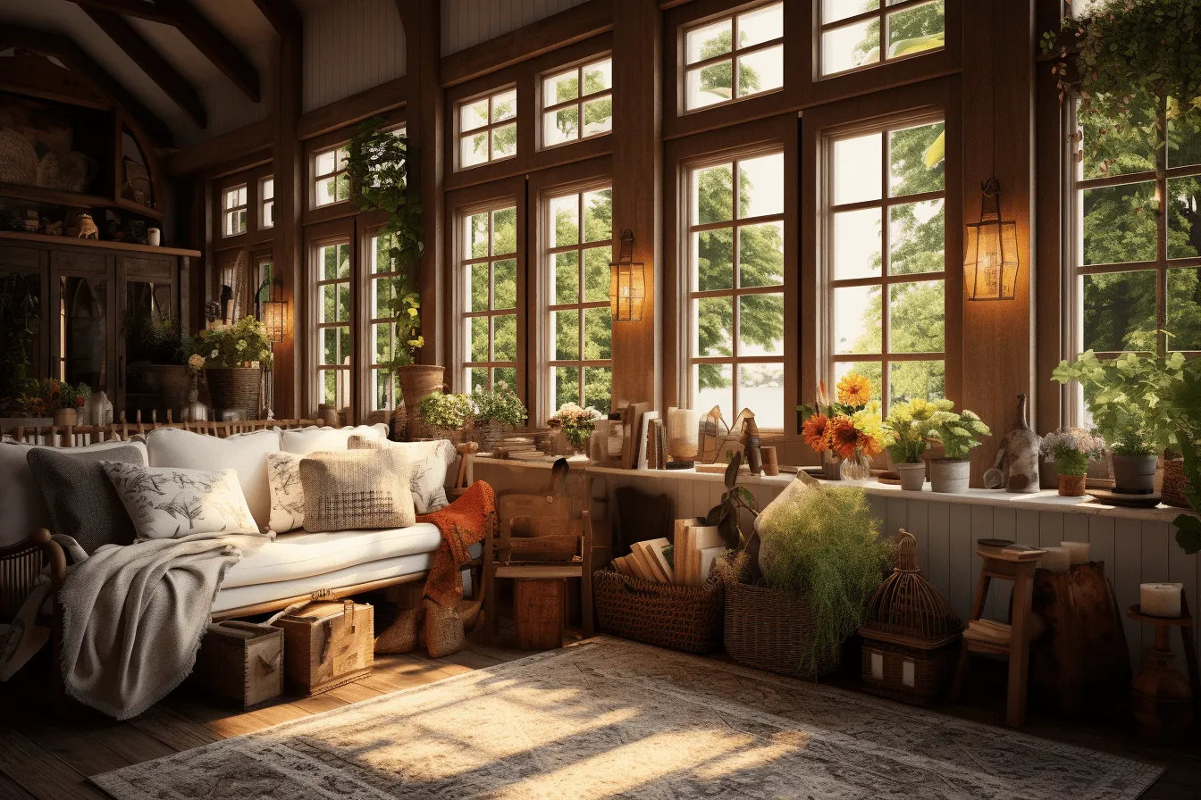 It looks like a nice rustic living room, photorealistic compositions, sunrays shine upon it, tranquil gardenscapes, dark beige and light amber, uhd image, rural life scenes, nature inspired