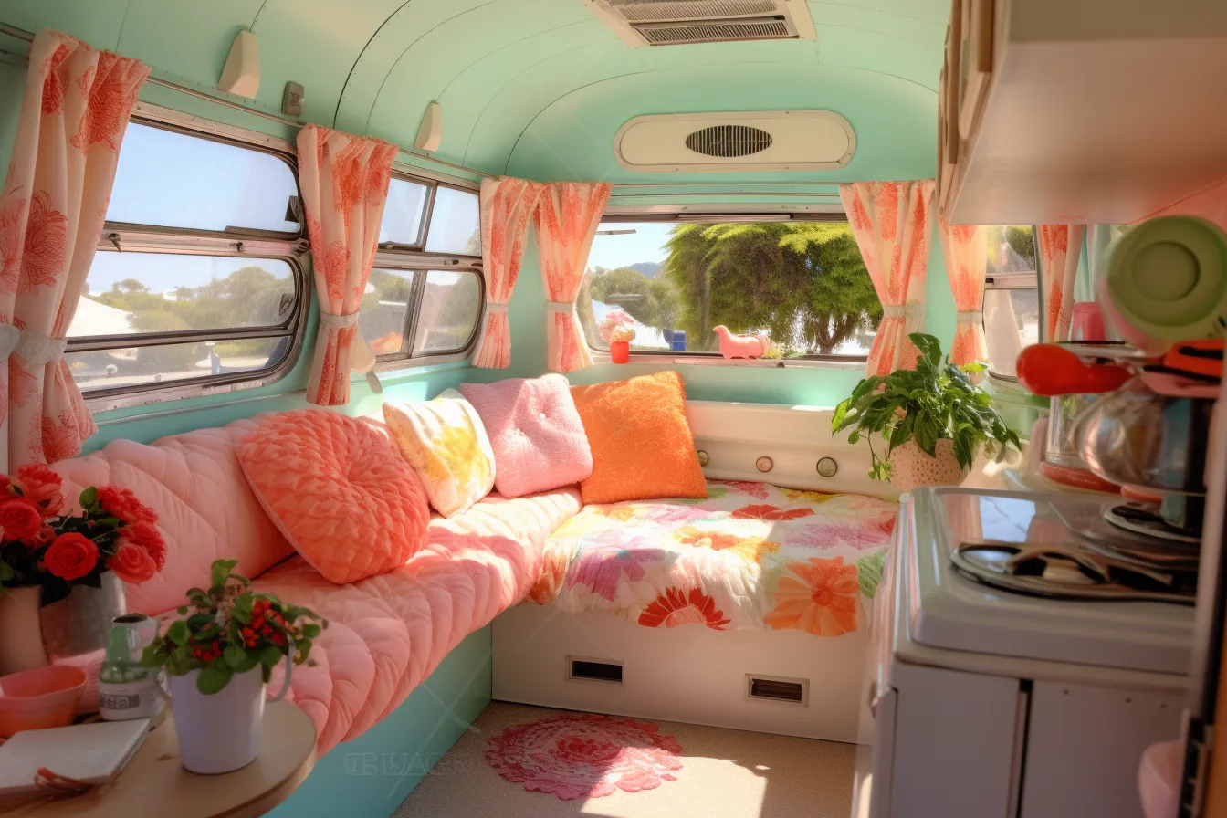 Teeny tiny bus with green pillows, pink couches and green plants in the middle of the window, light turquoise and light orange, retro glamor, bold patterned quilts, soft lighting, coastal scenery, 32k uhd, i can't believe how beautiful this is