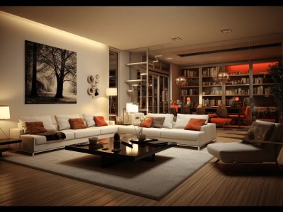 This Is A Living Room Decorated With White And Orange Furniture