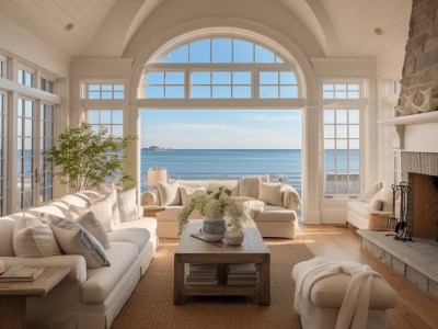 This Is A Living Room With Large Windows Overlooking The Ocean