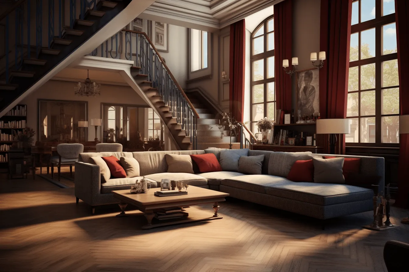 Living room full of furniture with stairs in the background, vray tracing, red and bronze, uhd image, 19th century, atmospheric ambiance, streamline elegance, exquisite lighting