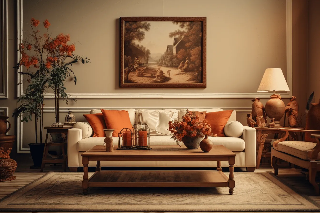 3d realistic interior decoration with couch, rug, coffee table and paintings, dutch tradition, orange and beige, vignetting, uhd image, referential painting