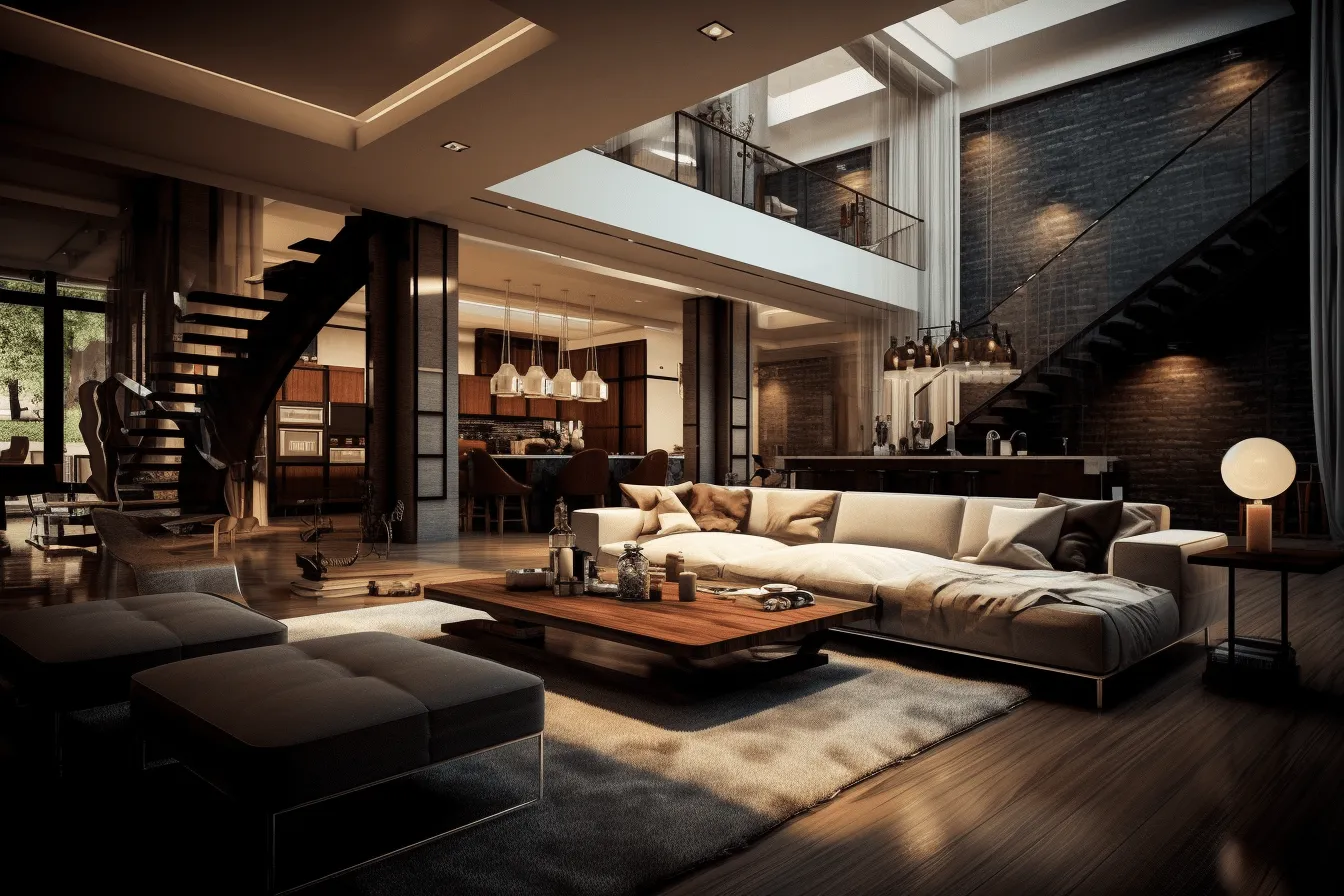 This is a 3d rendering of a luxury contemporary living room, luminous reflections, urban industrialism, dark amber and beige, blown-off-roof perspective, bold and busy, depth of layers, leica m10