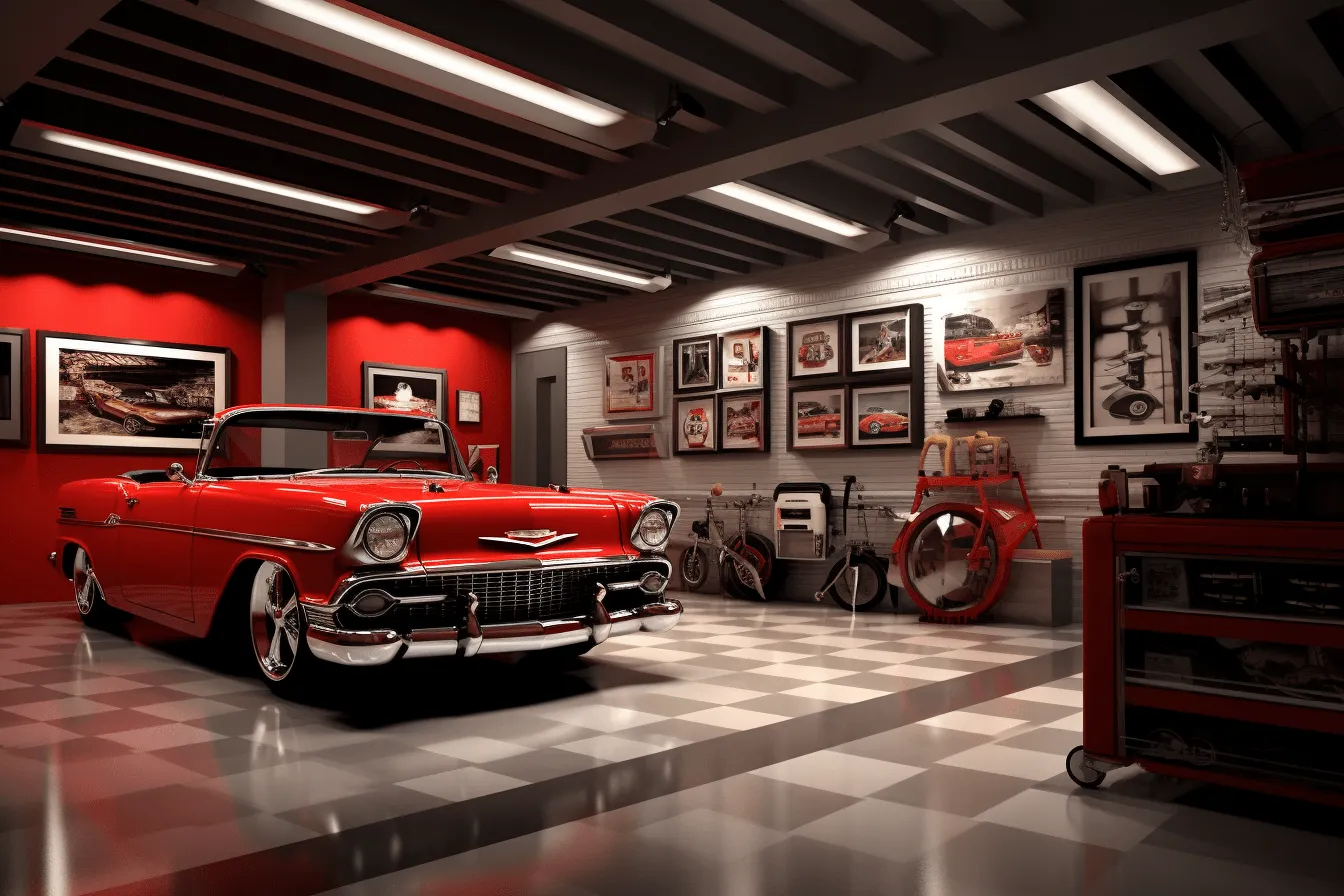 This is a garage with many classic cars, realistic and hyper-detailed renderings, light red and light black, realistic interiors, dark red and white, pseudo-infrared, charming, vray