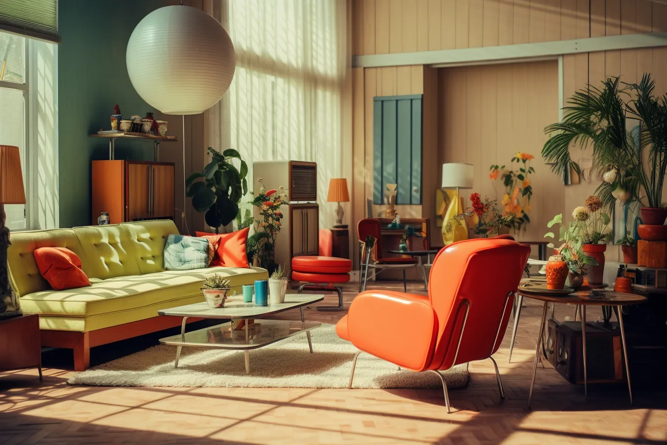 This is a living room, retro visuals, sun-soaked colours, rendered in cinema4d, tabletop photography, ray tracing, dutch landscapes, vintage-inspired