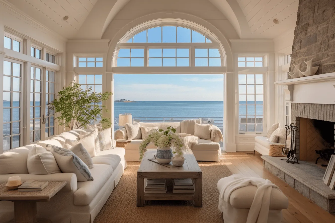 Window on the ocean can be seen inside a large home, symmetrical arrangements, neutral color palette, highly staged scenes, cottagecore, arched doorways, cabincore, seaside vistas