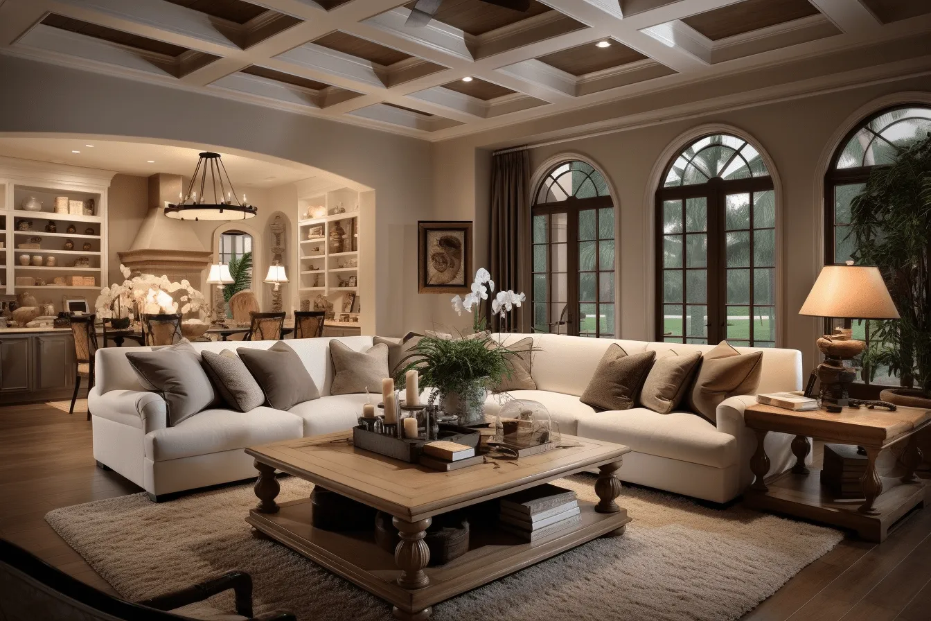 Living room with multiple seating areas, furniture and large windows, realistic and hyper-detailed renderings, traditional craftsmanship, dark white and brown, arched doorways, silhouette lighting, 8k 3d, serene and peaceful ambiance