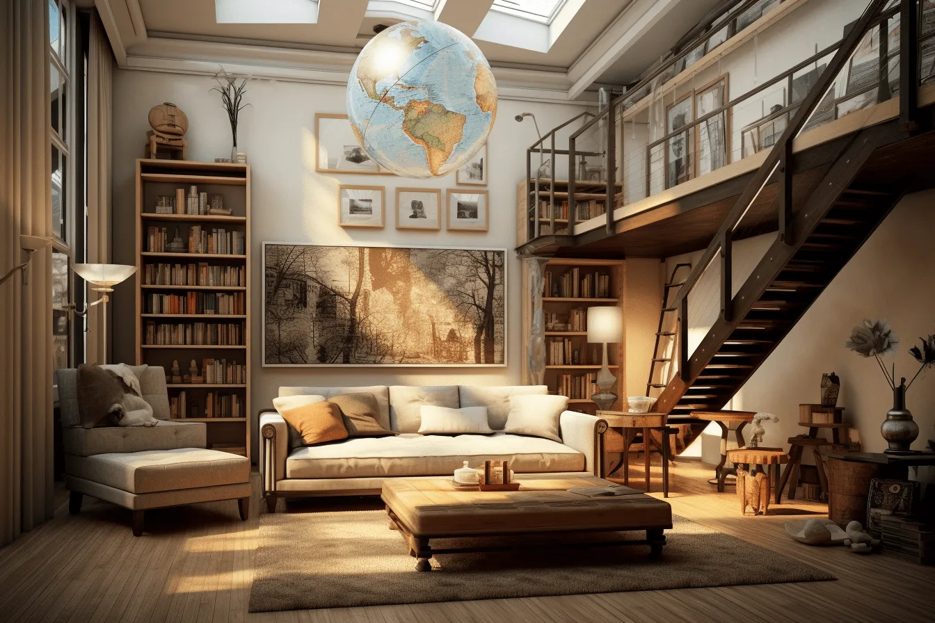 This is a very comfortable room, realistic hyper-detailed rendering, global imagery, vintage academia, national geographic photo, balanced design, beige, solarization