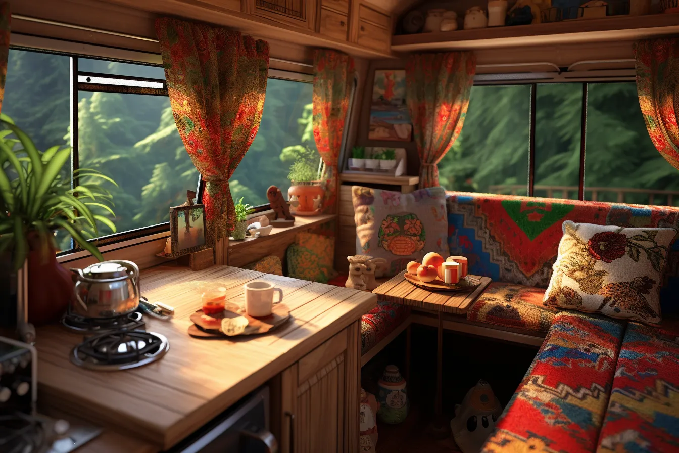 Camp kitchen is a nice spot to hang out, vray tracing, colorful fantasy, tender depiction of nature, windows vista, intricate patterns and details, warm color palette, konica auto s3