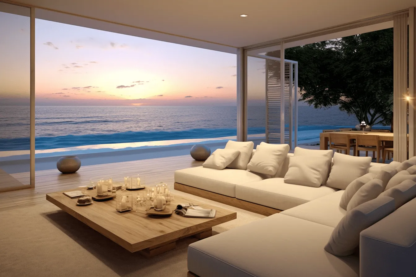 This living room overlooks the sunset, realistic rendering, secluded settings, high resolution, calm seas and skies, perspective rendering, monochromatic depth, serene oceanic vistas