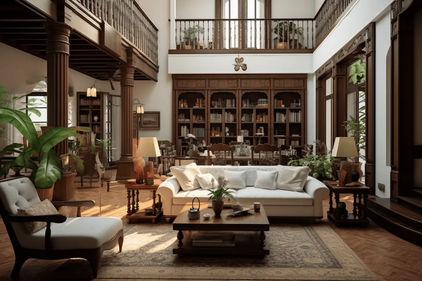 Huge oak floorboard in brown, classical architectural details, realistic and hyper-detailed renderings, bibliopunk, white and beige, beautiful interiors, goa-insprired motifs, rich and immersive