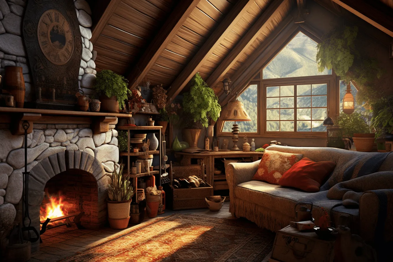 This is a wooden floor in a fireplace, fictional landscapes, lush and detailed, backlight, d&d, studyplace, cluttered, cabincore