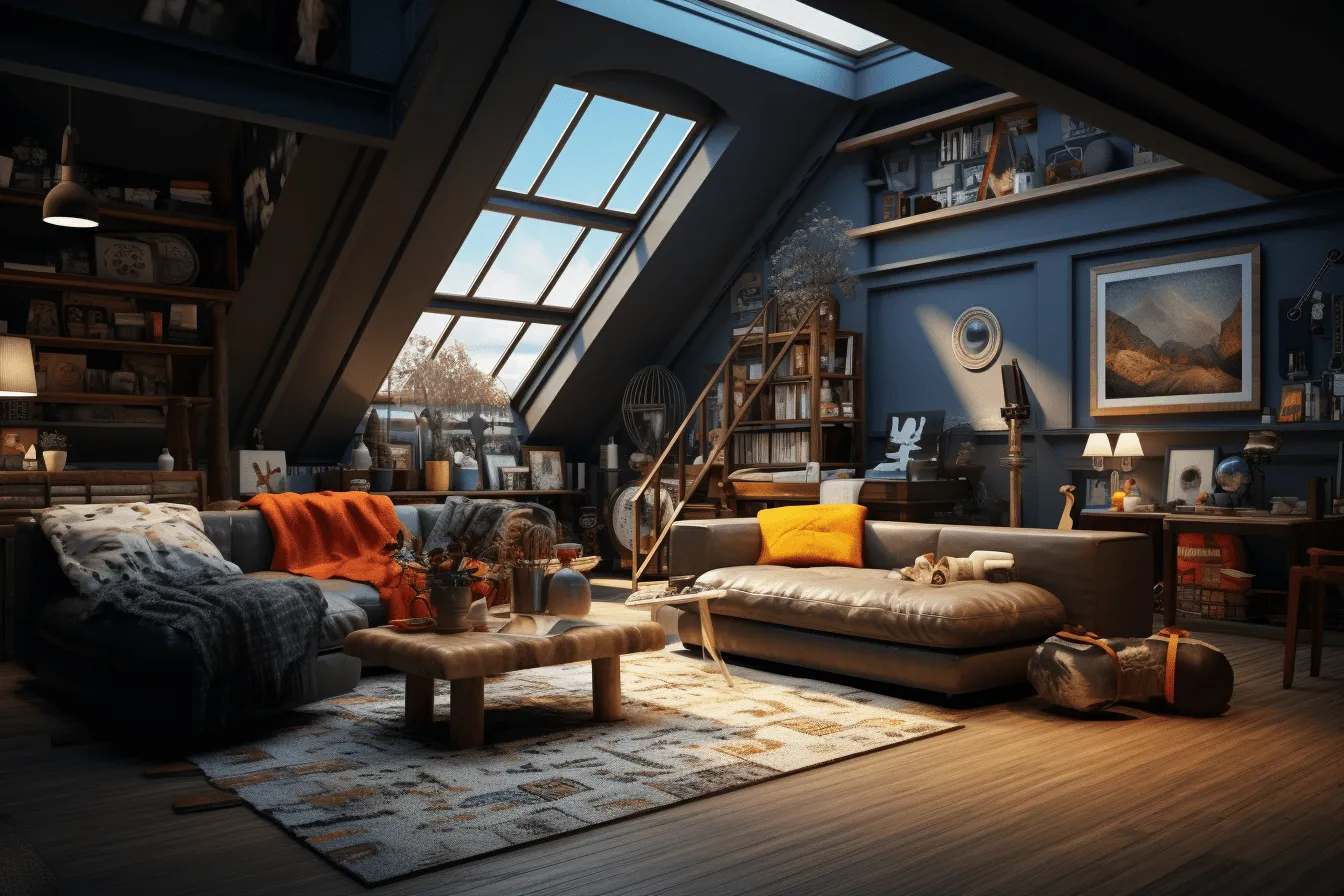 Tv and furniture on a white couch in a modern living room, rendered in unreal engine, dark sky-blue and dark orange, industrialization, rustic charm, sunrays shine upon it, maximalism, dark gray and light amber