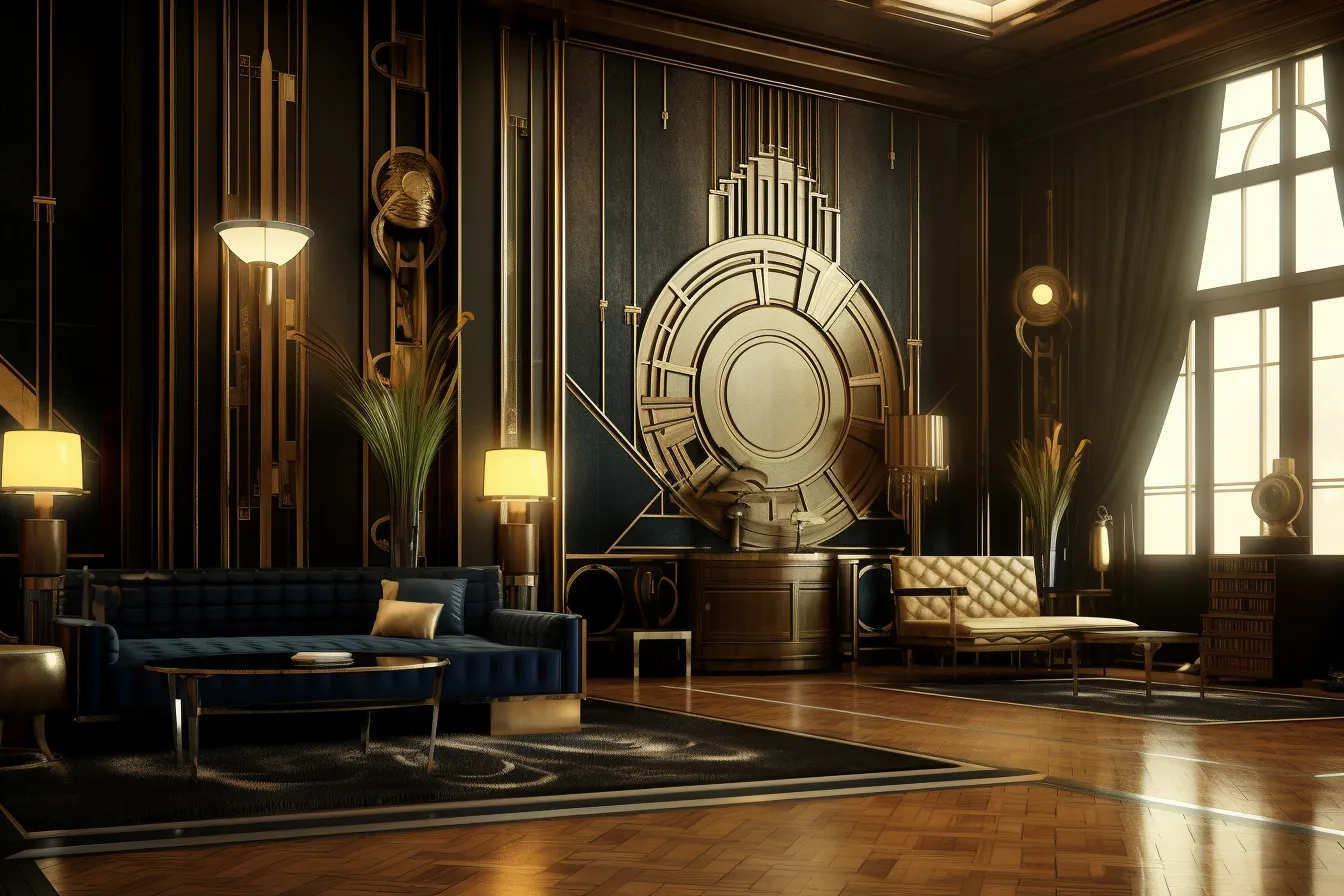 This living room has an art deco look, unreal engine 5, dark gold, symbolic props, peculiar architecture, vintage academia, navy and brown, installation-based