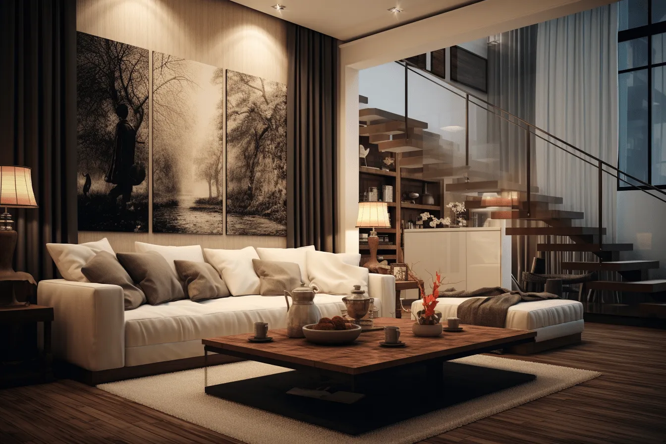 This living room has white furniture and a print on the wall, layered and atmospheric landscapes, vray, dark crimson and light brown, traditional vietnamese, monochromatic palette, light black and light amber, lively nature scenes