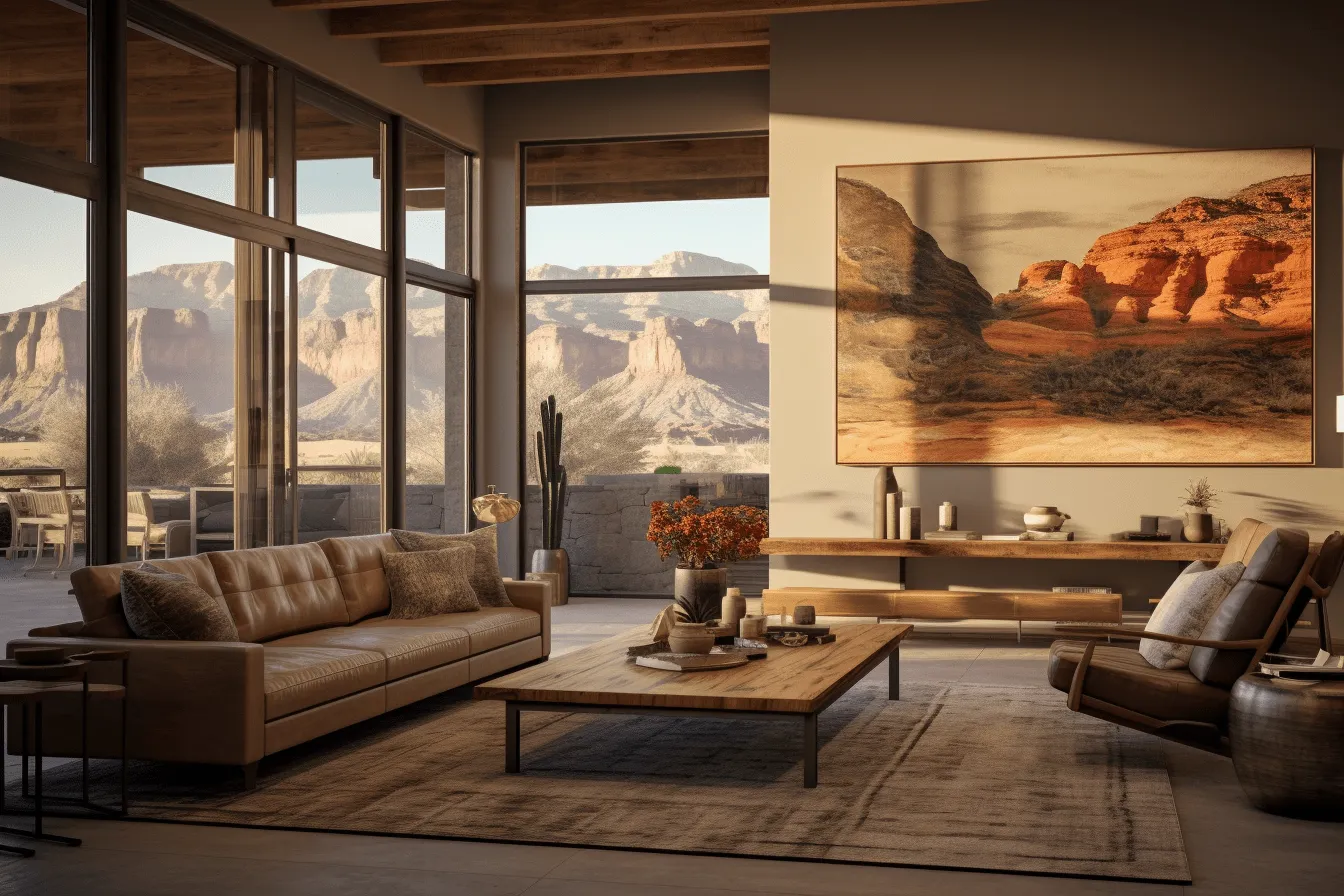 Three dimensional illustration of the desert living room featuring the mountains, light amber, 32k uhd, realistic and hyper-detailed renderings, american tonalism, elegant, emotive faces, rough hewn surfaces, ricoh r1