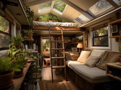 Tiny Home Interior With Plants And Ceiling And Light