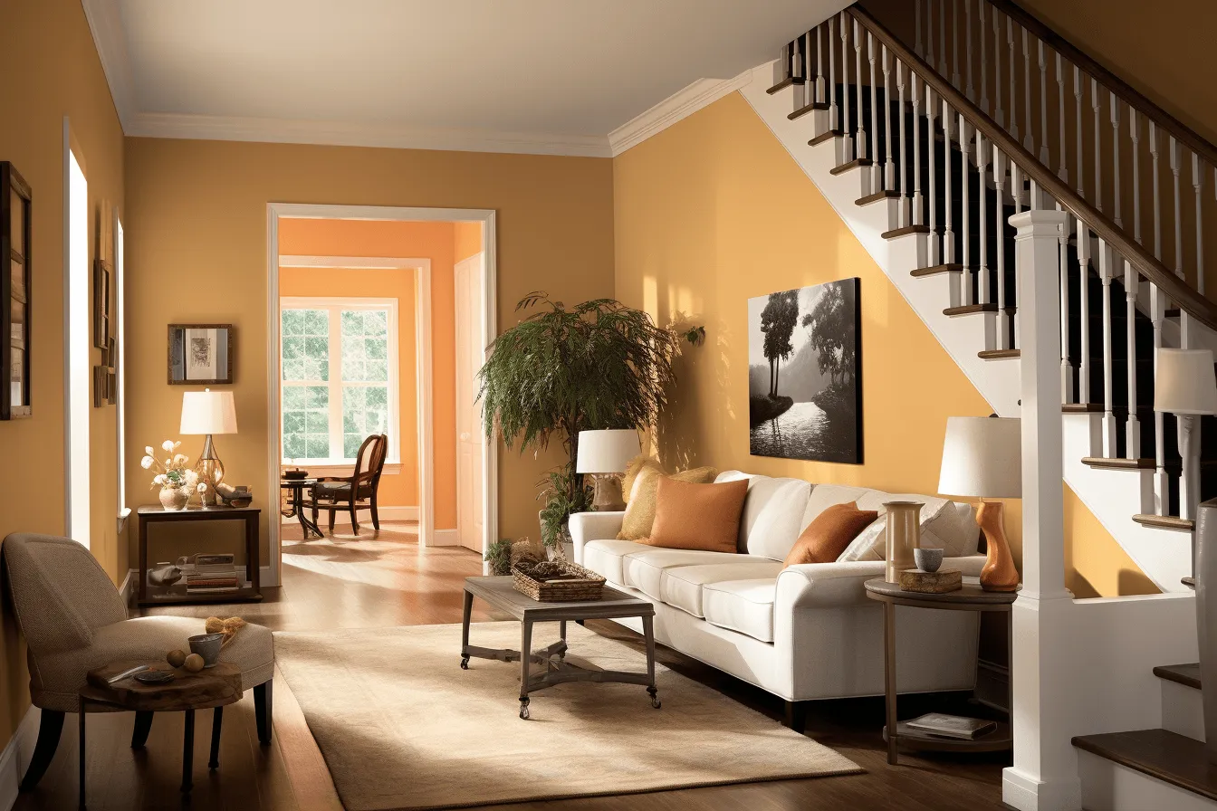White couch and chairs are in a living room, dark yellow and dark orange, monochromatic shadows, kodak colorplus, washington color school, harsh lighting, loose paint application, light gold and black
