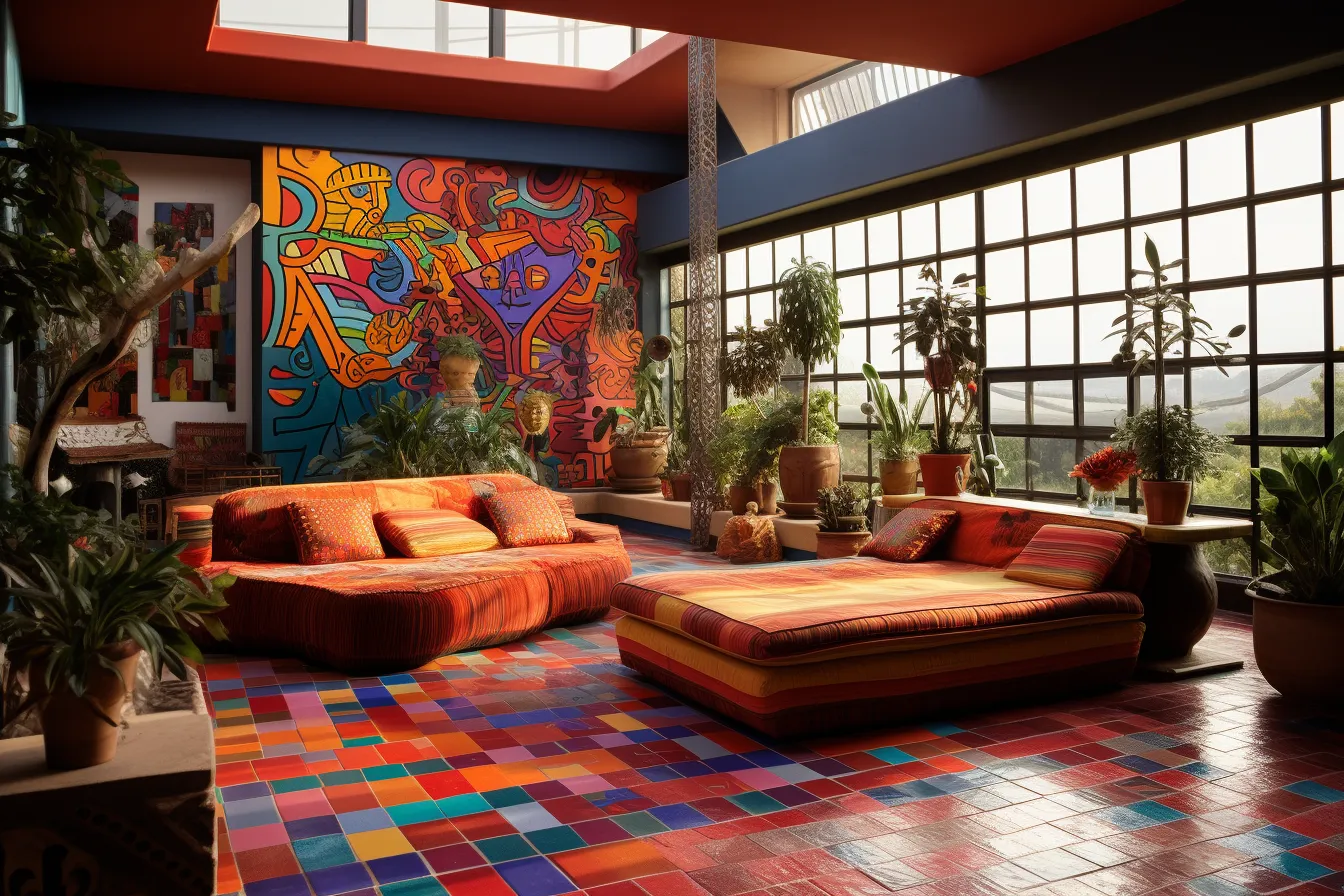 Tile floor is colorful inside, daz3d, contemporary latin american art, hyperrealistic rendering, layered vibrancy, large-scale muralist, windows vista, red and orange