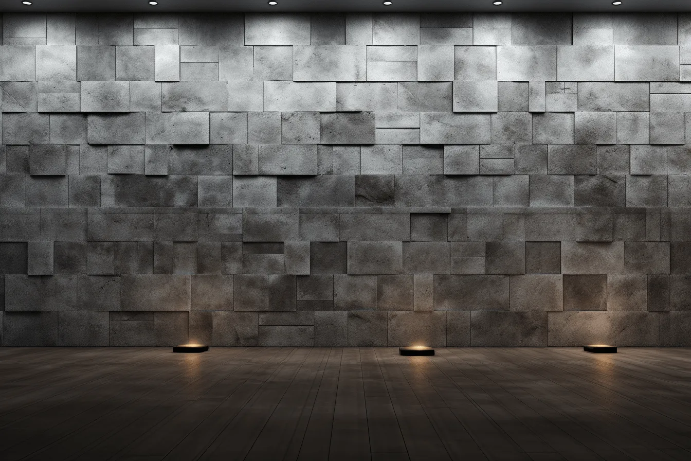 Tiled floor and wall at the night photo, light bronze and gray, dramatic lighting, rough hewn surfaces, layered veneer panels, organic geometries, polished concrete, silhouette lighting