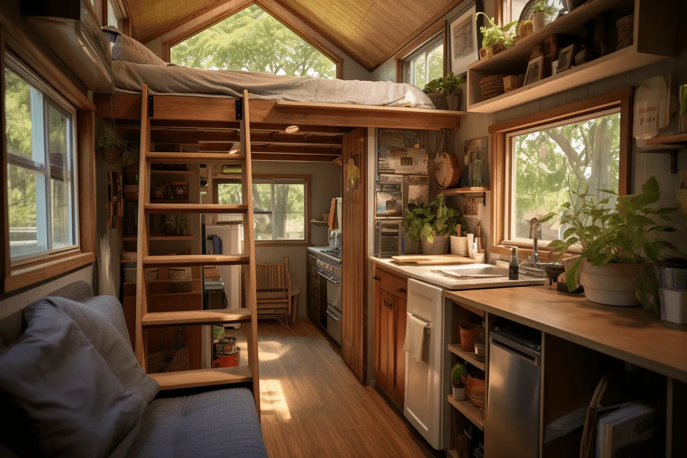 Tiny house has a loft with stairs leading into the kitchen, highly detailed environments, nature-inspired imagery, american tonalist, meticulously detailed, highly staged scenes, light brown and brown, packed with hidden details