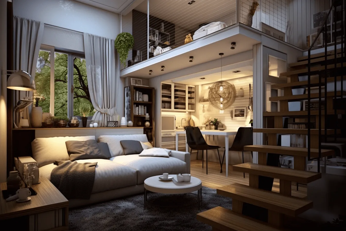 Apartment is featured with a couch, chairs, and staircases, solarization effect, nature inspired, skillful lighting, packed with hidden details, cabincore, suspended/hanging, romantic charm