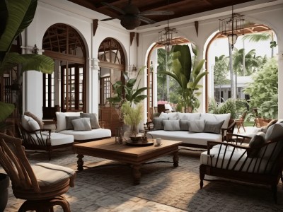 Traditional Living Room With Palm Trees And Oak