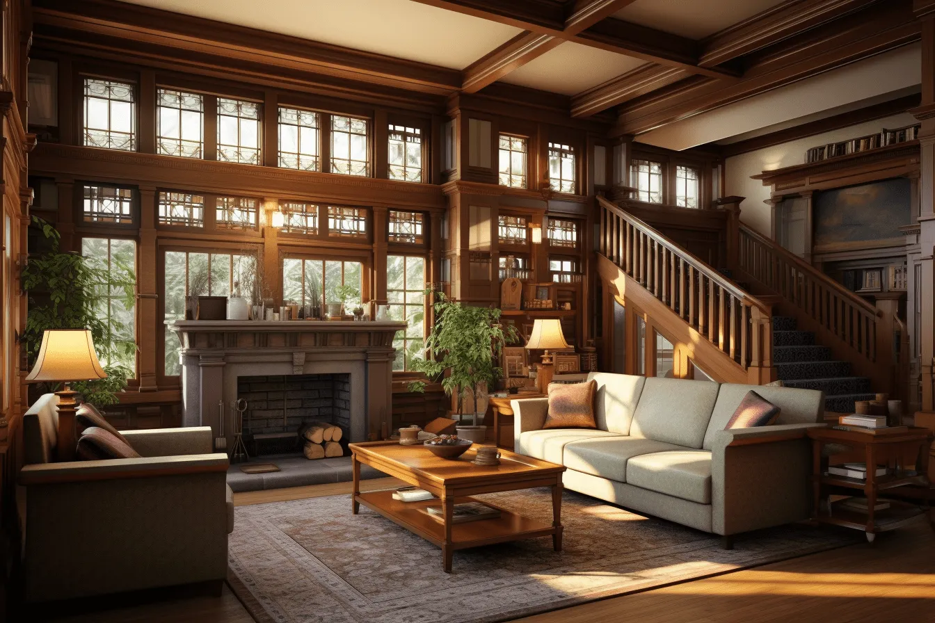 Living room with wood beams, highly detailed environments, classic academia, eerily realistic, golden light, northwest school, highly detailed foliage, dark white and amber