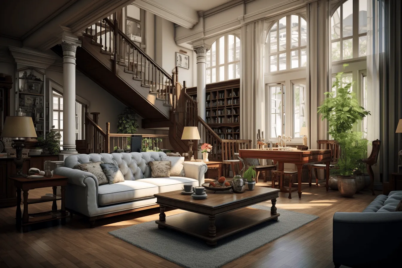 Living room and dining area are shown in 3d, vintage academia, rendered in unreal engine, neoclassical scenes, daz3d, weathercore, neo-victorian, detailed world-building